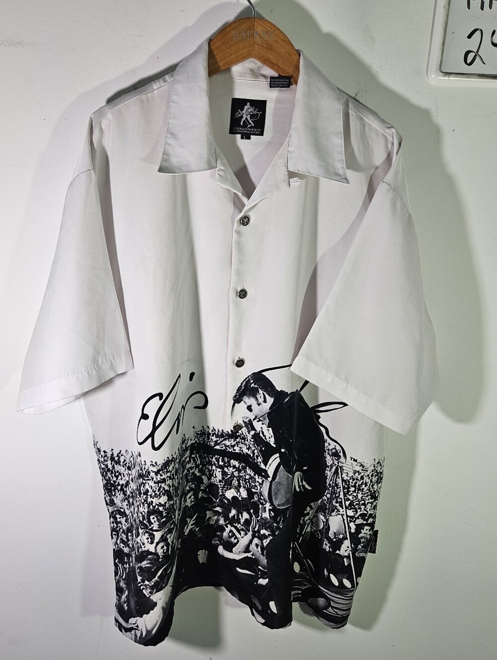 Vintage Elvis Presley Black & White Polyester Button Down Shirt!